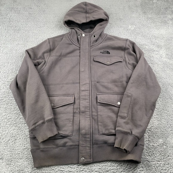 North Face Jacket Mens Medium Gray Hooded Fleece Lined Full Zip Pockets Outdoor - Picture 1 of 16